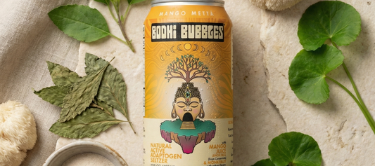 Bodhi Bubbles Beverage in a layflat image, featuring adaptogens, Tulsi, Kanna, Damiana, Lionsmane, and Magnesium Powder surrounding the Bodhi Bubbles Bubbles Mango Metta Can. 