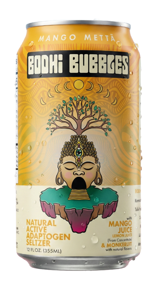 Can of Bodhi Bubbles mango metta on a white background