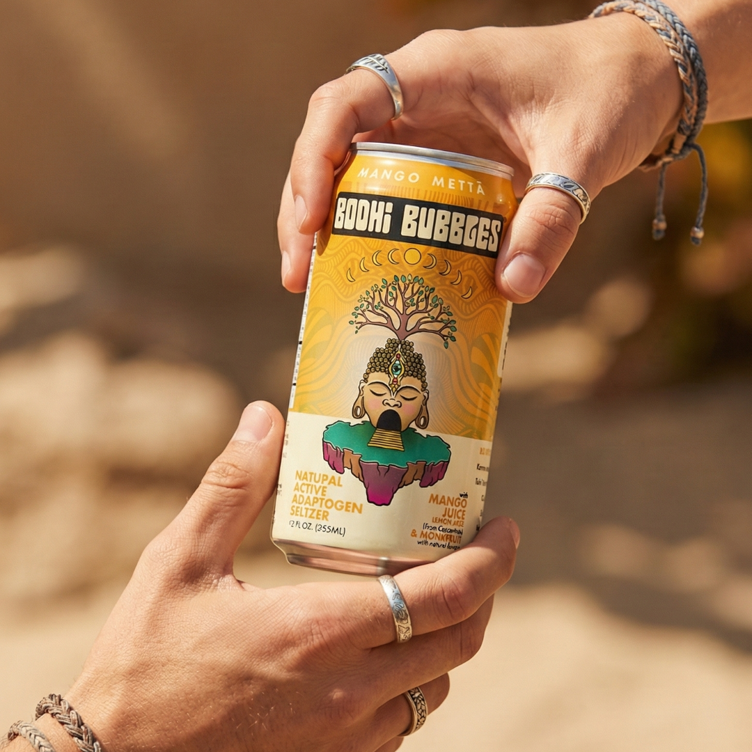 Person holding a can of 'Bodhi Bubbles Bubbles' with a blurred natural background